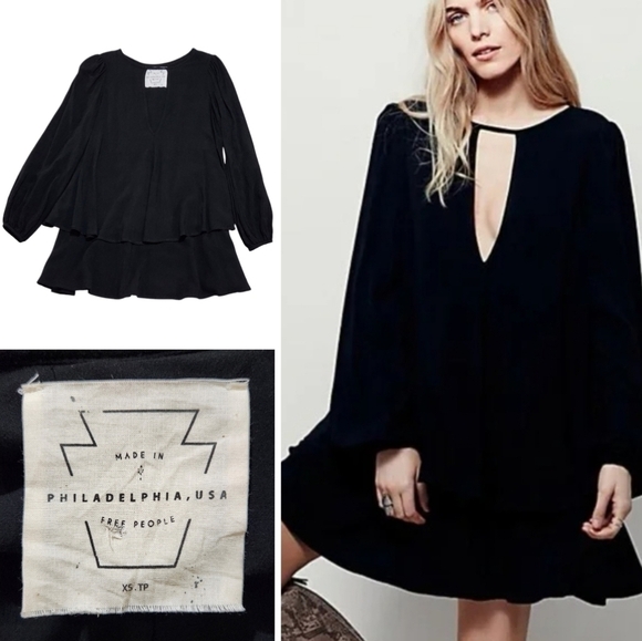 Free People Beck Layered Mini Shift Dress Black Deep V Philadelphia XS 0B455591 - Picture 1 of 10